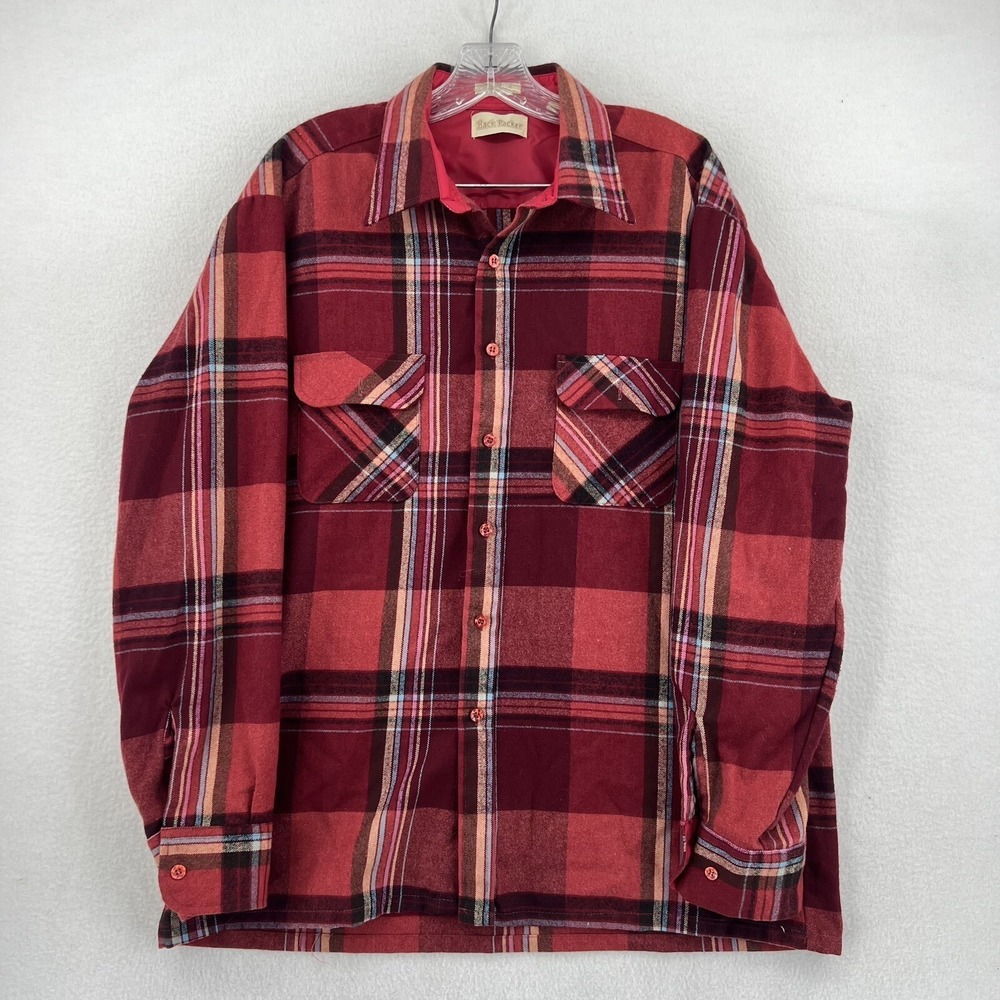 VTG Backpacker Acrylic Madras Plaid Flannel Button Down Over Shirt Size M Red